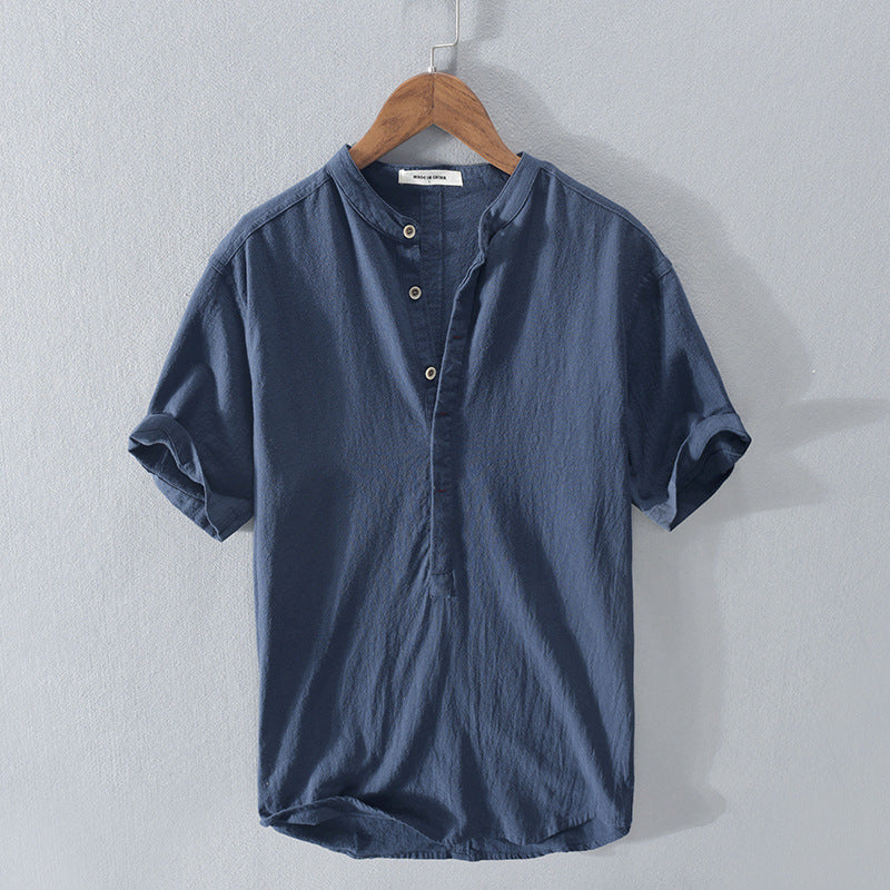 Henry - Casual Men's Linen Shirt with Short Sleeves and Grandad Collar