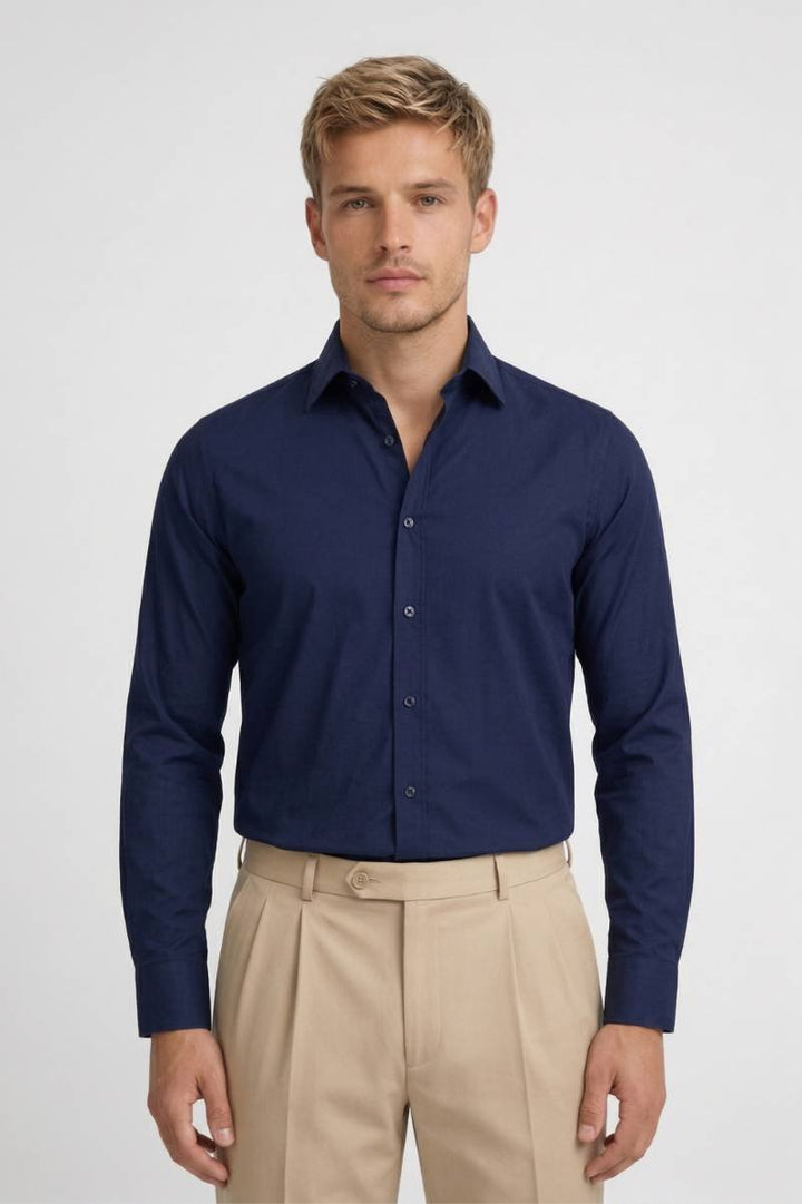 Formal Shirt Men - Business Smart Long Sleeve | Button Up Classic - Navy