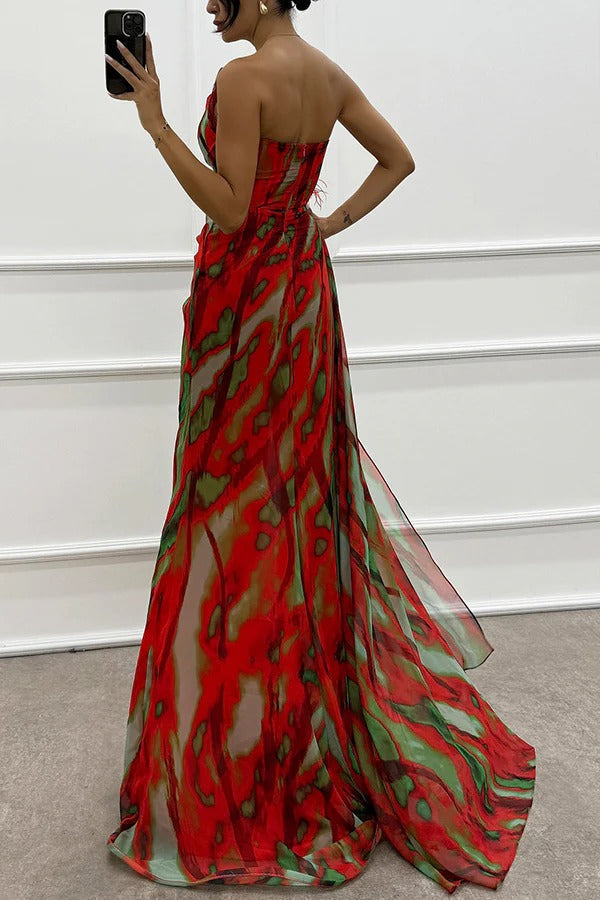 Maxi Dress Women - One Shoulder Feather Detail with Split | Elegant