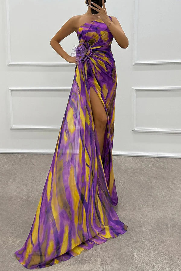 Maxi Dress Women - One Shoulder Feather Detail with Split | Elegant