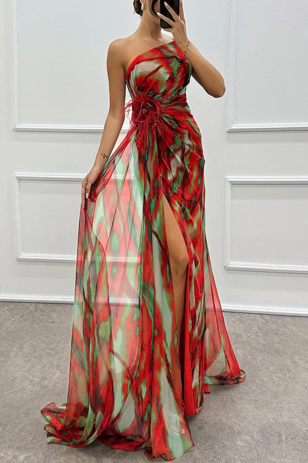 Maxi Dress Women - One Shoulder Feather Detail with Split | Elegant