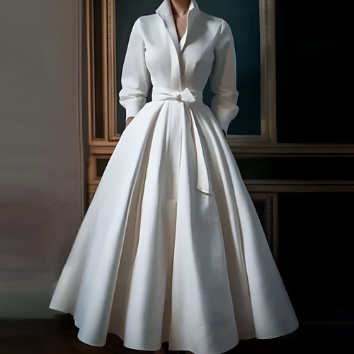 Midi Dress Women - A-Line Shirt Collar with Bow Belt | Elegant