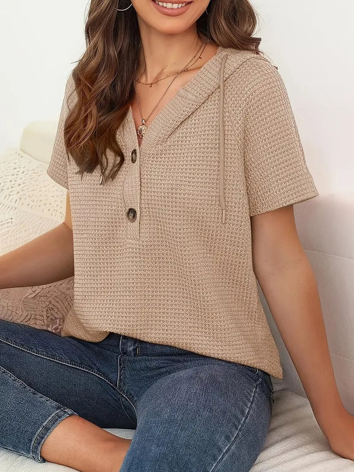 Women's Hoodie - Waffle Knit Short Sleeve Button Front V-Neck | Casual