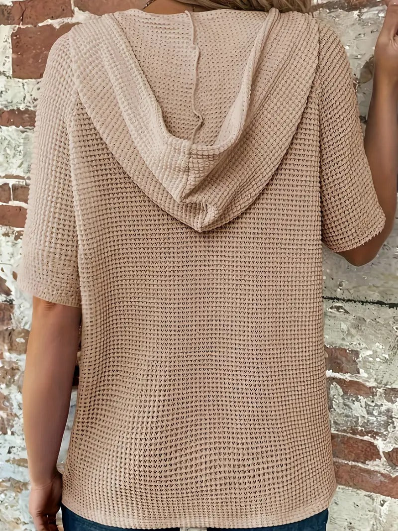 Women's Hoodie - Waffle Knit Short Sleeve Button Front V-Neck | Casual