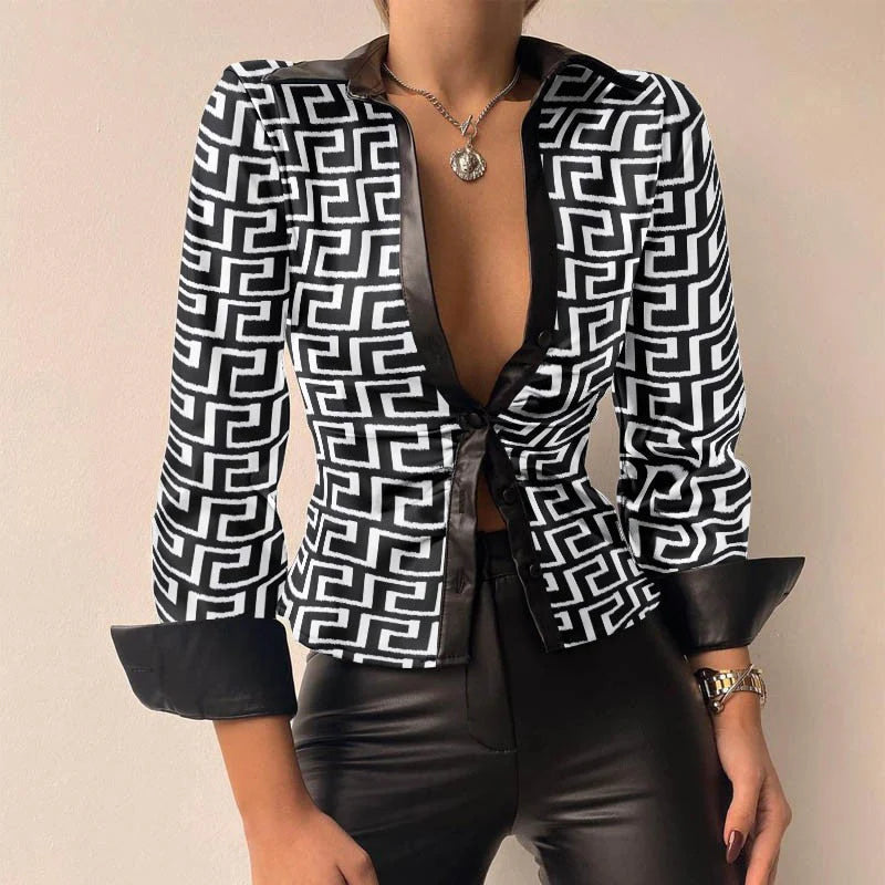 Women's Shirt - Fitted Ruched Front with Deep V and Cuffs | Elegant