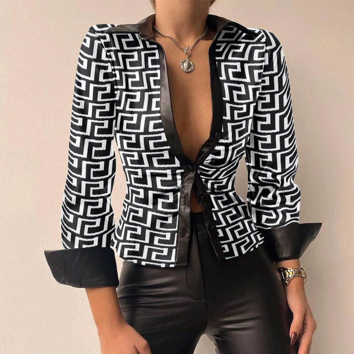 Women's Shirt - Fitted Ruched Front with Deep V and Cuffs | Elegant
