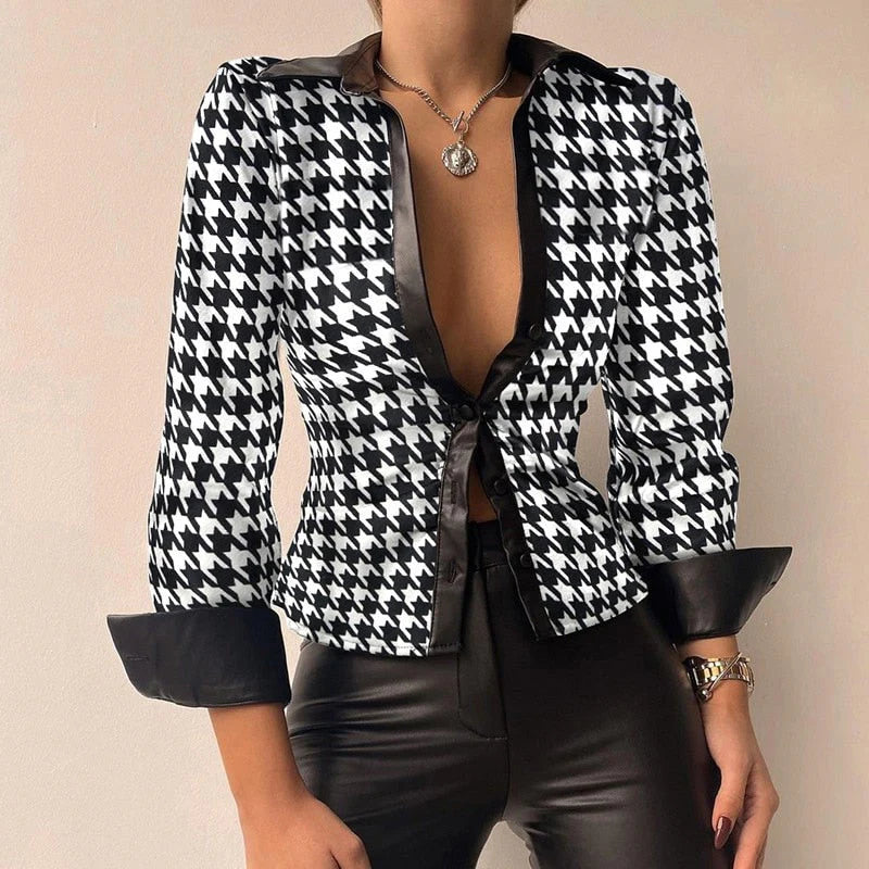 Women's Shirt - Fitted Ruched Front with Deep V and Cuffs | Elegant