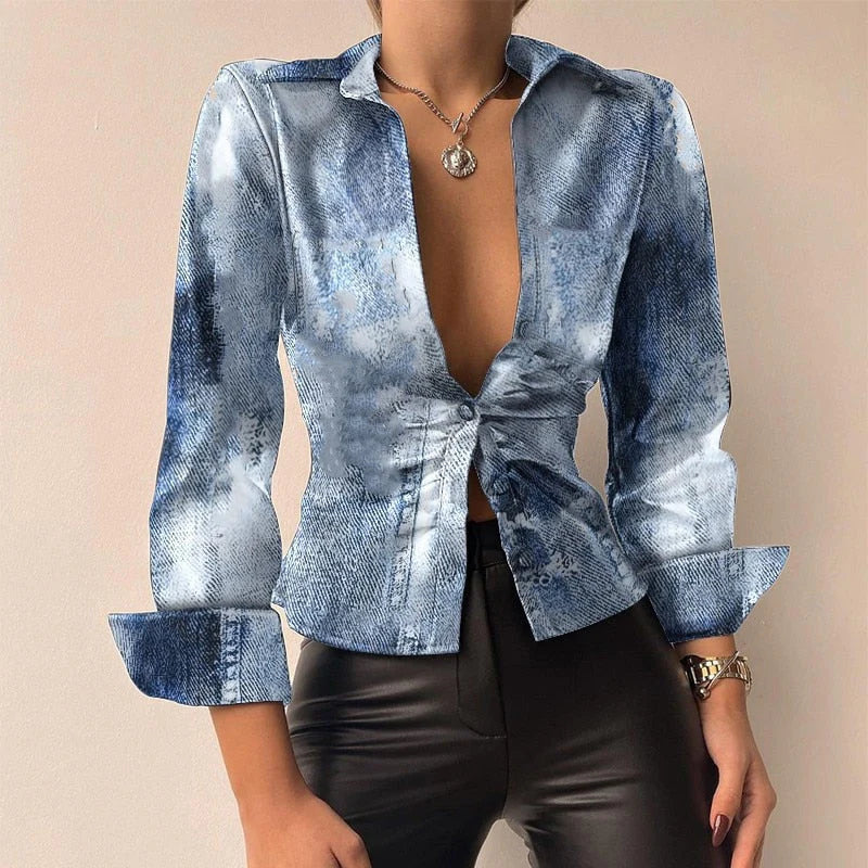 Women's Shirt - Fitted Ruched Front with Deep V and Cuffs | Elegant