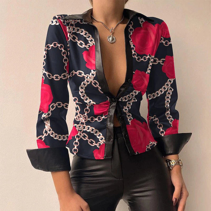 Women's Shirt - Fitted Ruched Front with Deep V and Cuffs | Elegant