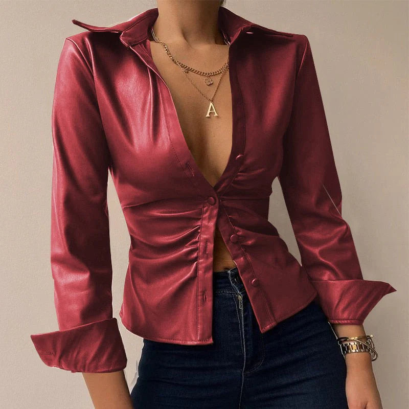 Women's Shirt - Fitted Ruched Front with Deep V and Cuffs | Elegant