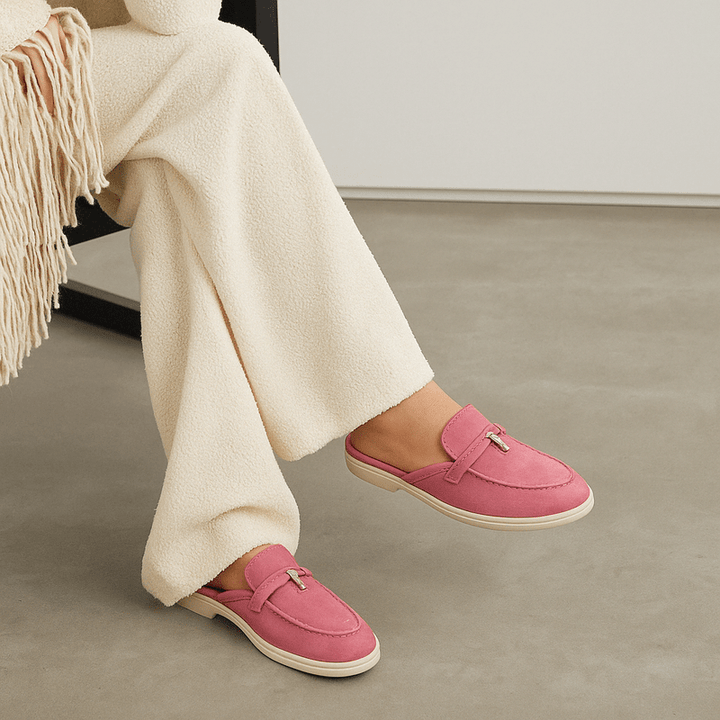 Women's Loafers - Slip-On Mule Flat Metal Trim Detail | Smart Casual