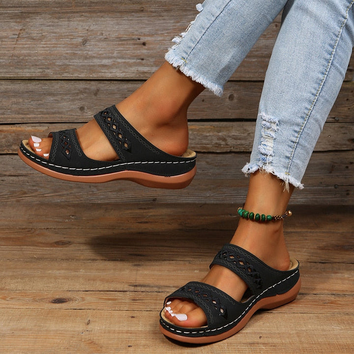 Women's Sandals - Flat Double Strap Embroidered Detail Open Toe | Summer
