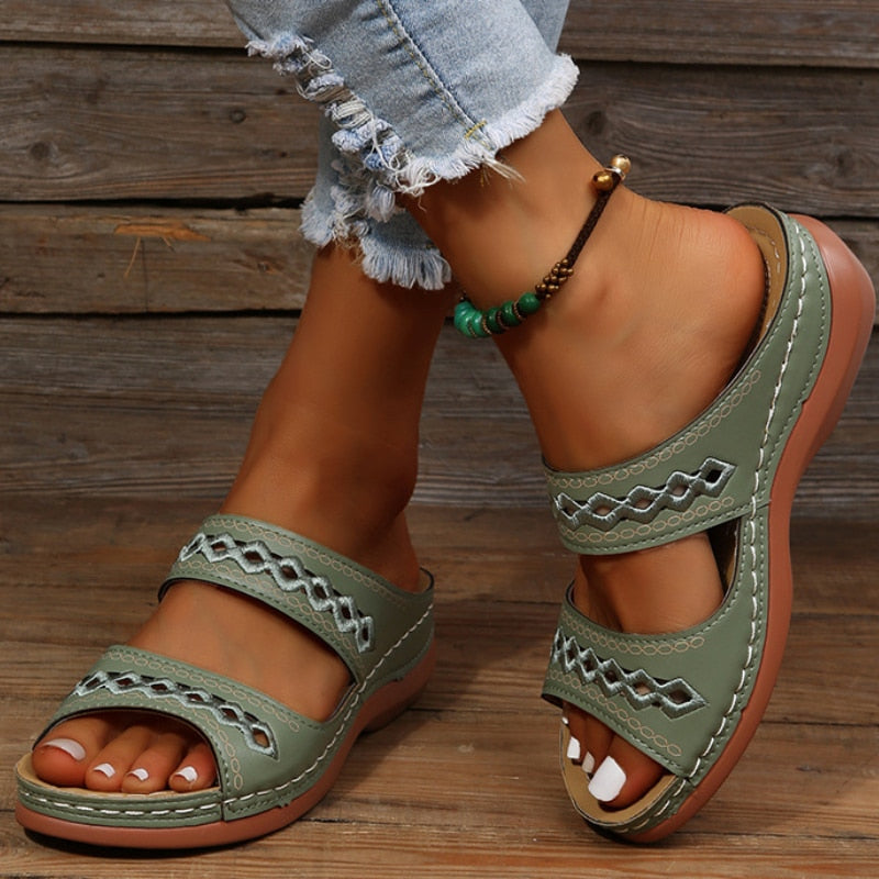 Women's Sandals - Flat Double Strap Embroidered Detail Open Toe | Summer
