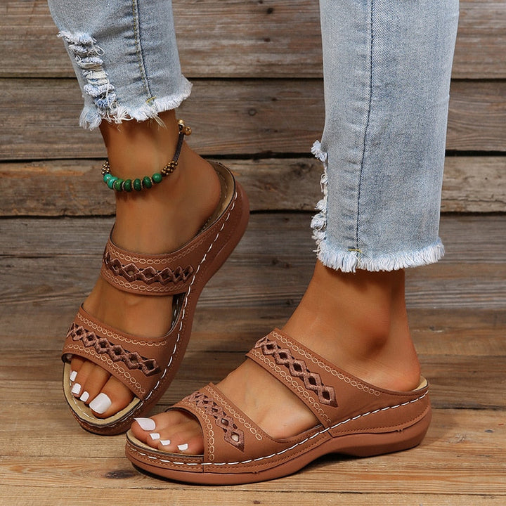Women's Sandals - Flat Double Strap Embroidered Detail Open Toe | Summer