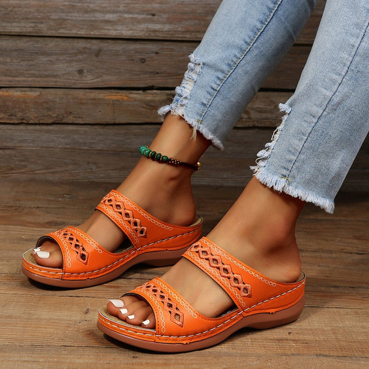 Women's Sandals - Flat Double Strap Embroidered Detail Open Toe | Summer