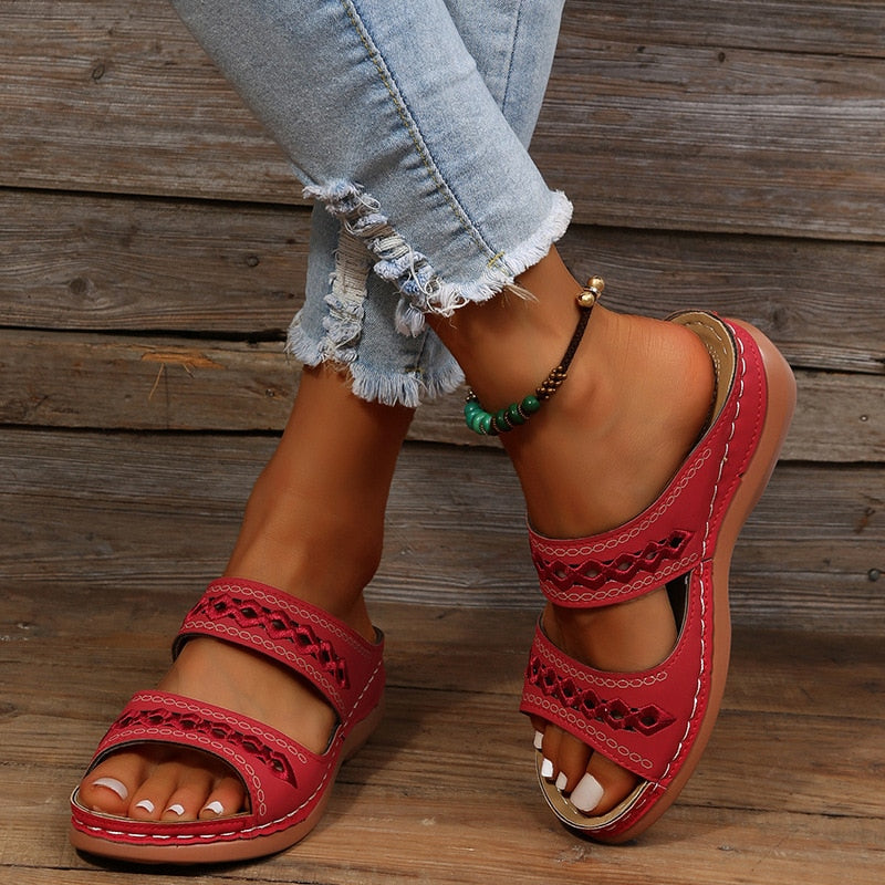 Women's Sandals - Flat Double Strap Embroidered Detail Open Toe | Summer