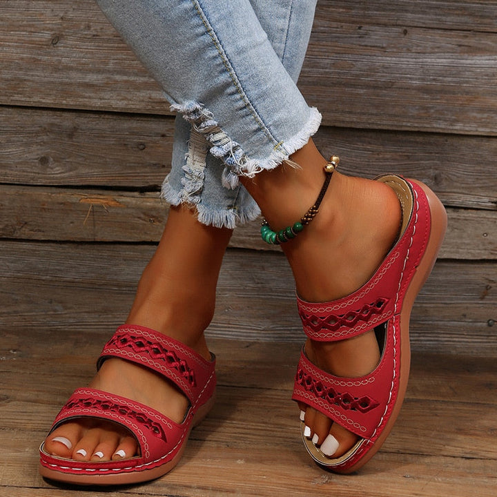 Women's Sandals - Flat Double Strap Embroidered Detail Open Toe | Summer
