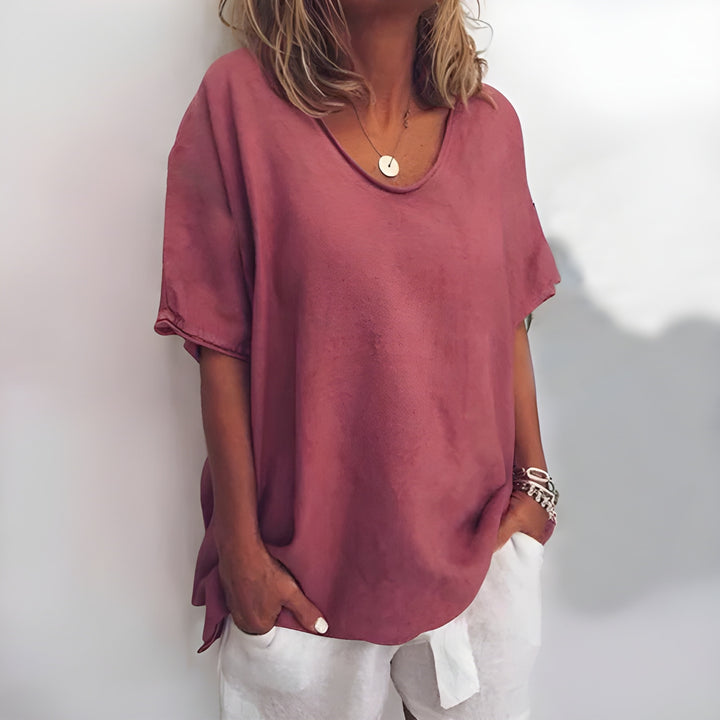 Women's Top - Oversized V-Neck Short Sleeve with Side Split | Casual