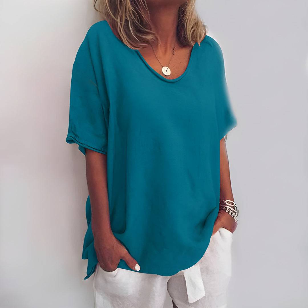Women's Top - Oversized V-Neck Short Sleeve with Side Split | Casual