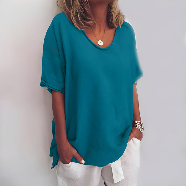Women's Top - Oversized V-Neck Short Sleeve with Side Split | Casual