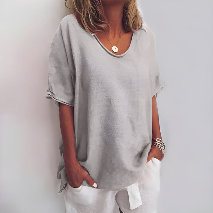 Women's Top - Oversized V-Neck Short Sleeve with Side Split | Casual