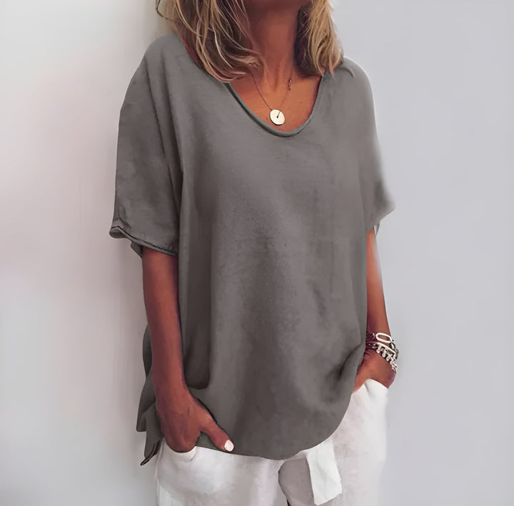 Women's Top - Oversized V-Neck Short Sleeve with Side Split | Casual