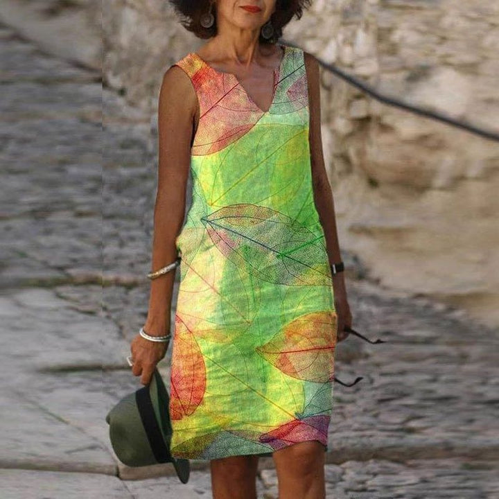 Summer Dress Women - Sleeveless V-Neck with Leaf Print | Casual