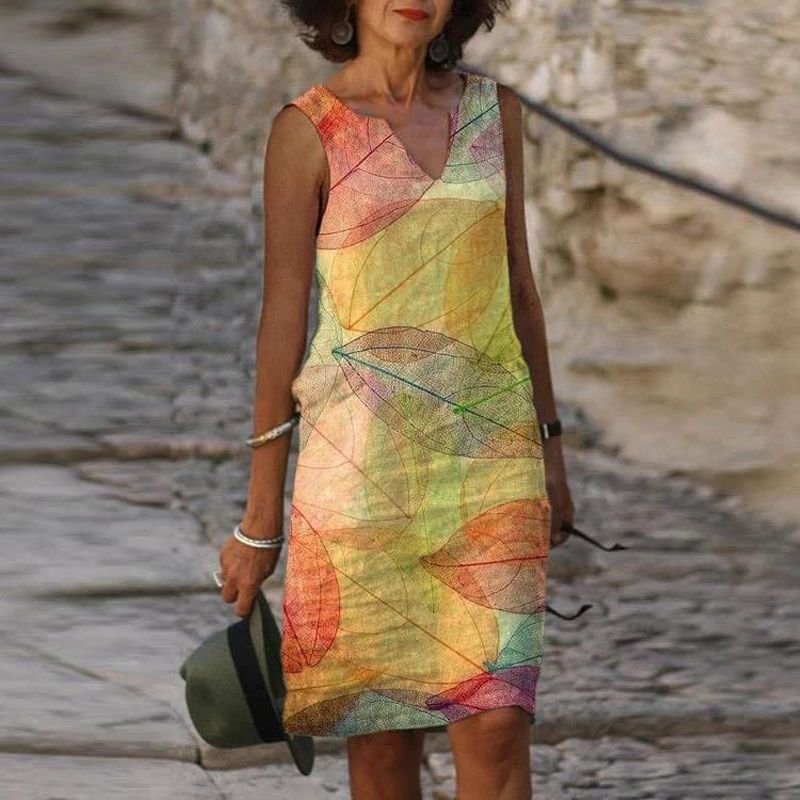 Summer Dress Women - Sleeveless V-Neck with Leaf Print | Casual