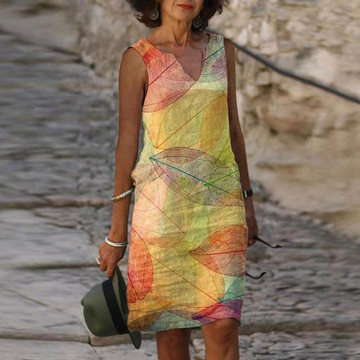 Summer Dress Women - Sleeveless V-Neck with Leaf Print | Casual