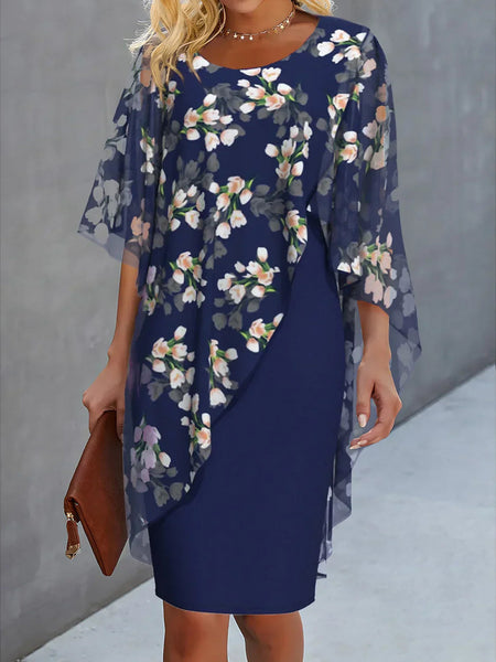 Midi Dress Women - Floral Overlay Three Quarter Sleeve | Elegant