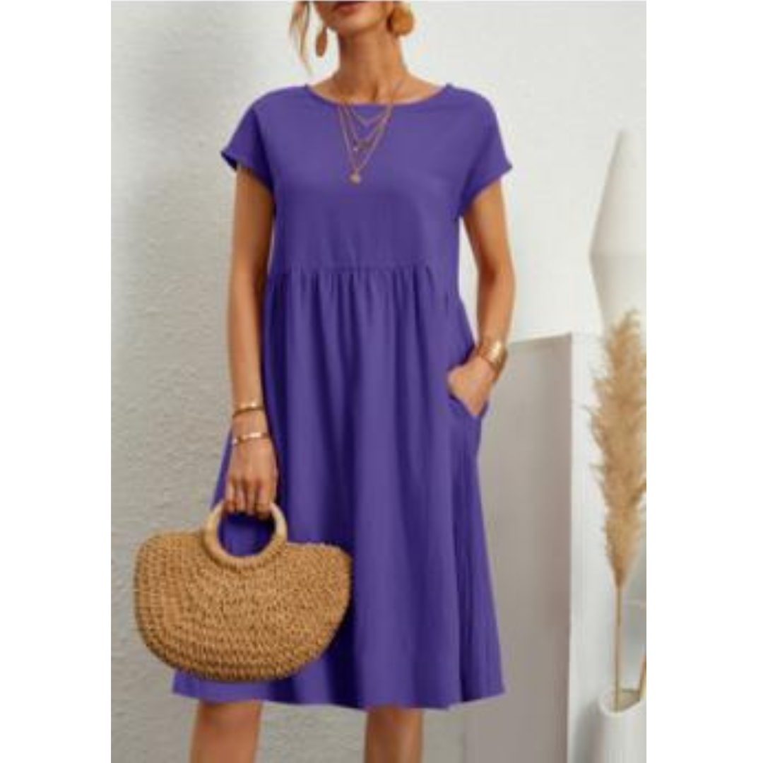 Midi Dress Women - Round Neck Short Sleeve Smock with Pockets | Casual