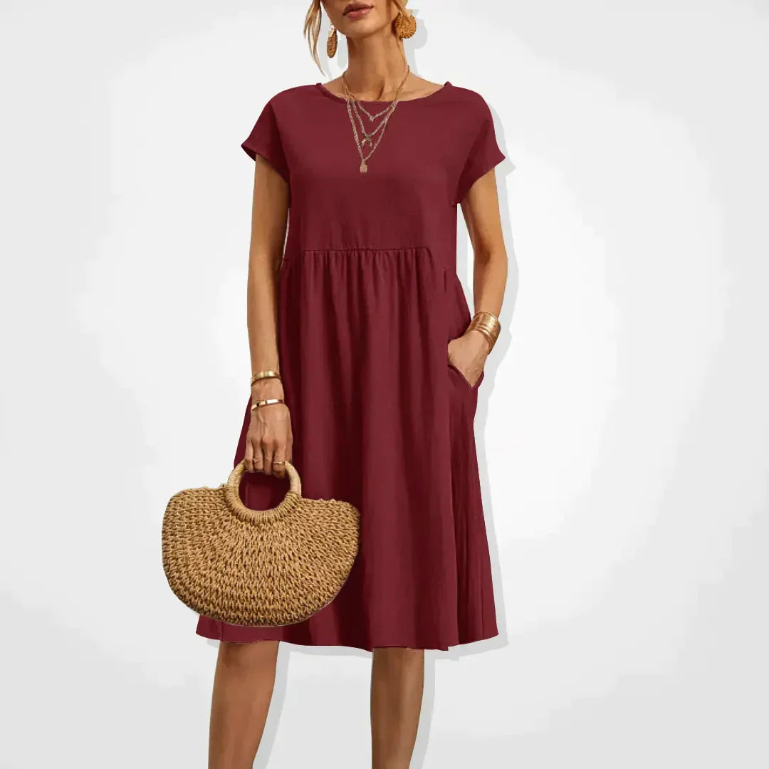 Midi Dress Women - Round Neck Short Sleeve Smock with Pockets | Casual