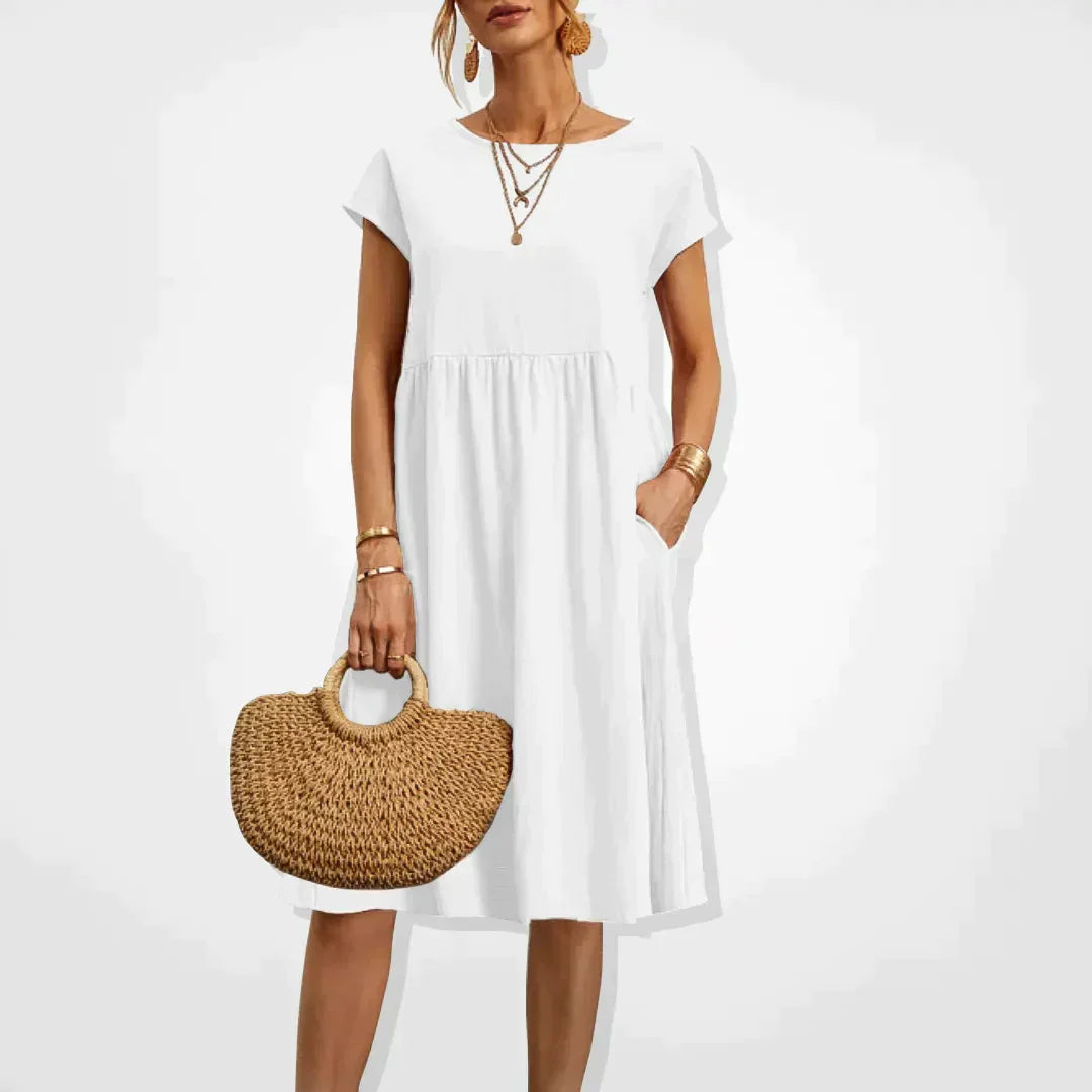 Midi Dress Women - Round Neck Short Sleeve Smock with Pockets | Casual