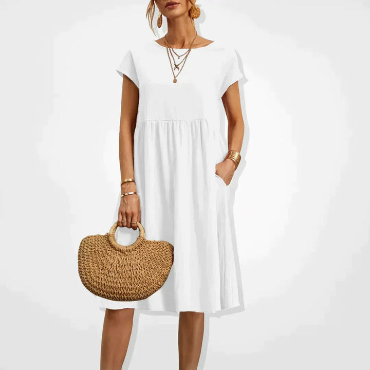 Midi Dress Women - Round Neck Short Sleeve Smock with Pockets | Casual