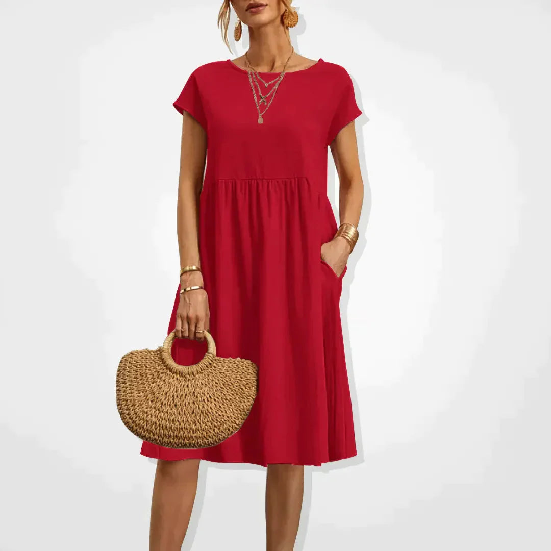 Midi Dress Women - Round Neck Short Sleeve Smock with Pockets | Casual