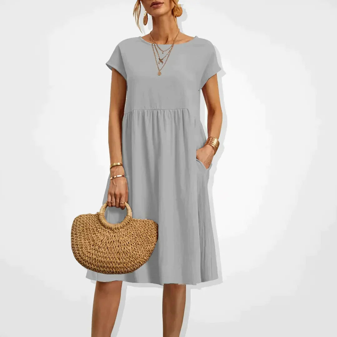 Midi Dress Women - Round Neck Short Sleeve Smock with Pockets | Casual