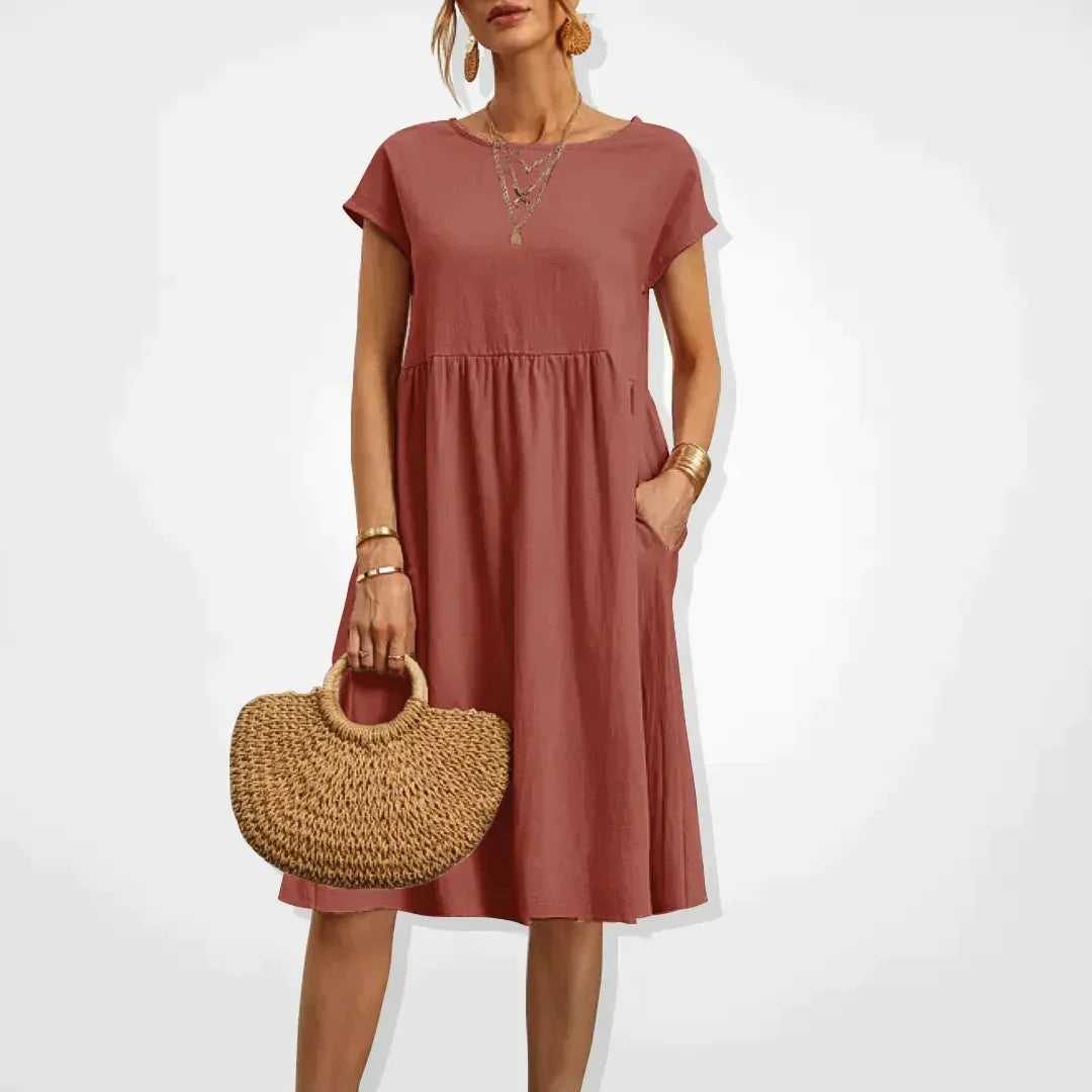 Midi Dress Women - Round Neck Short Sleeve Smock with Pockets | Casual