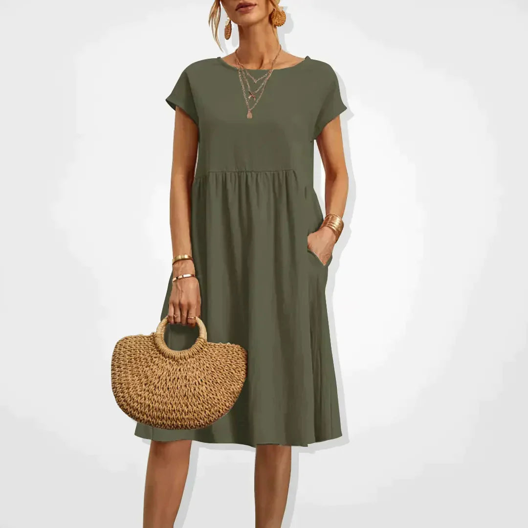 Midi Dress Women - Round Neck Short Sleeve Smock with Pockets | Casual