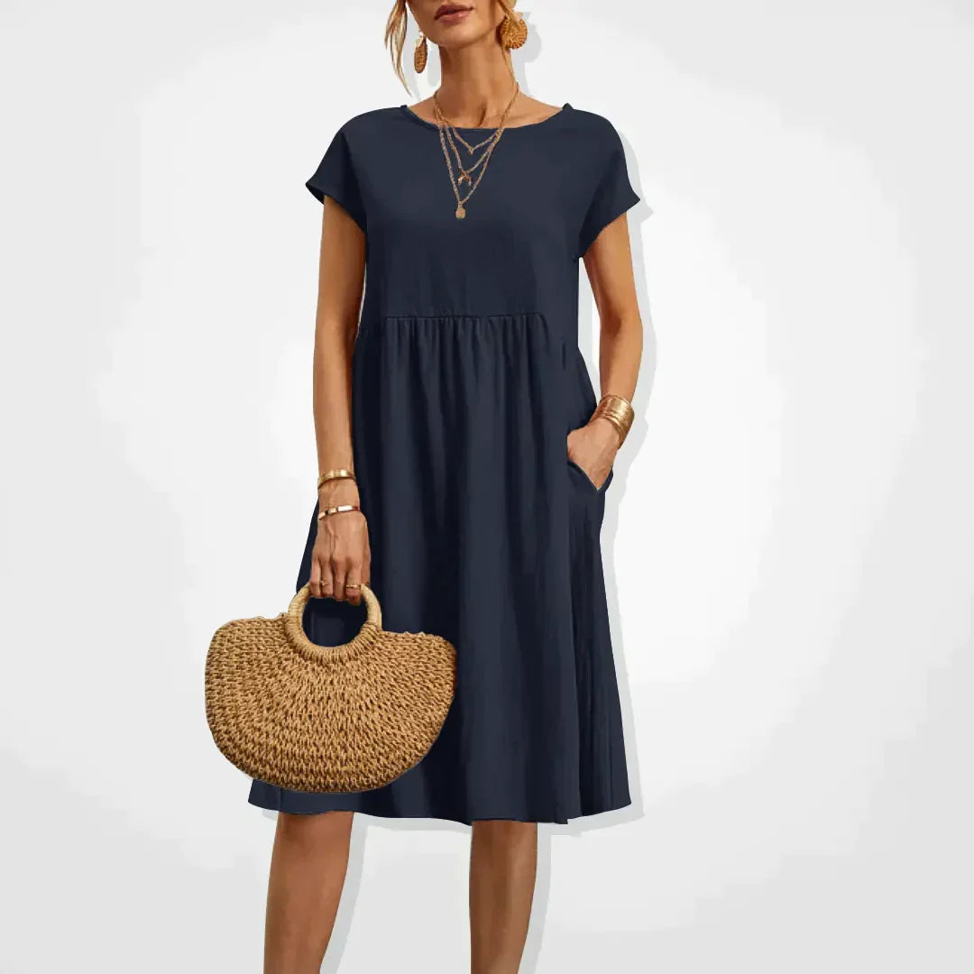 Midi Dress Women - Round Neck Short Sleeve Smock with Pockets | Casual