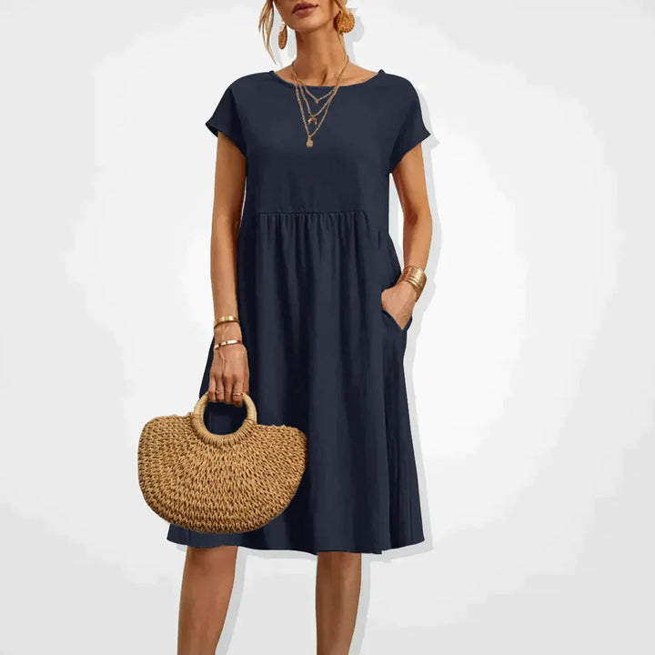 Midi Dress Women - Round Neck Short Sleeve Smock with Pockets | Casual