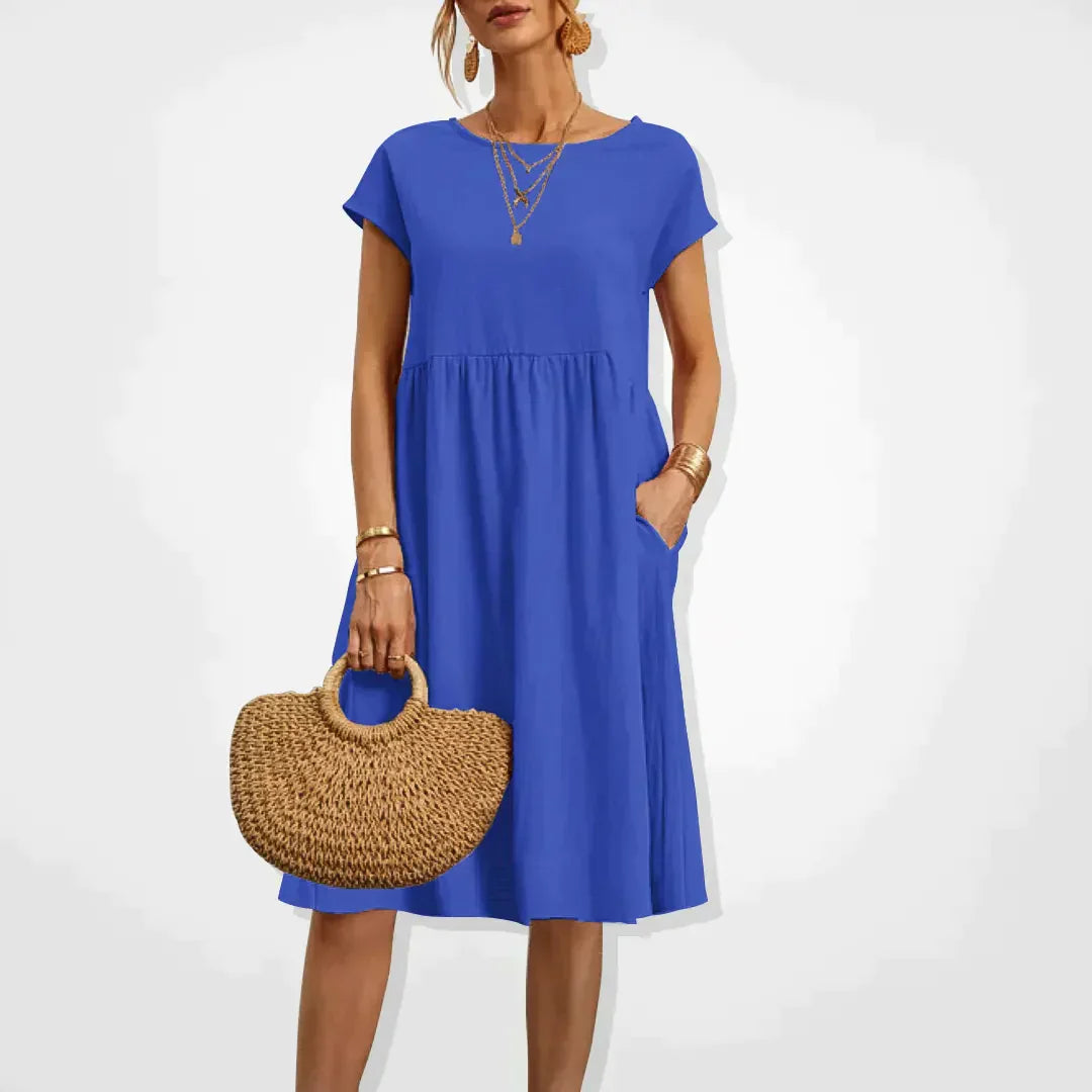 Midi Dress Women - Round Neck Short Sleeve Smock with Pockets | Casual