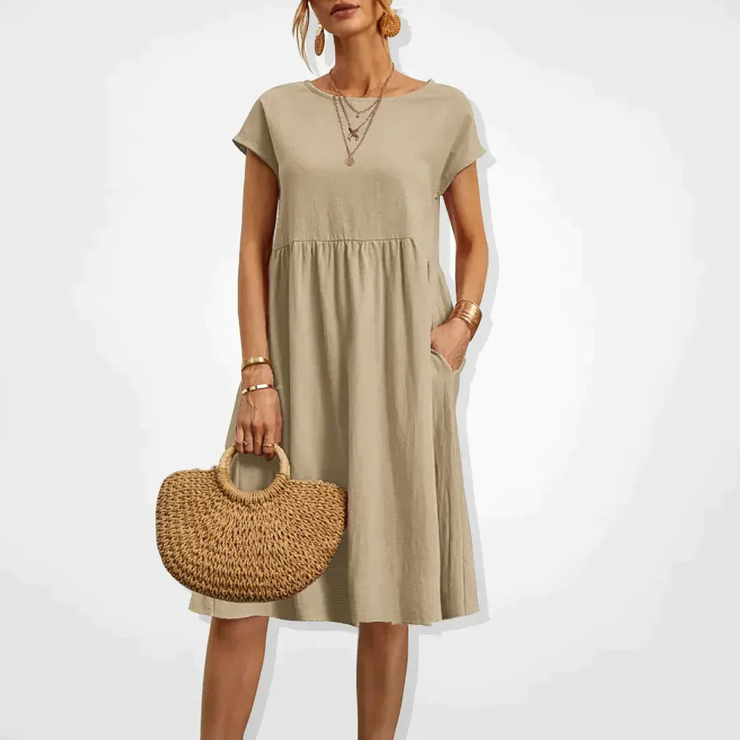 Midi Dress Women - Round Neck Short Sleeve Smock with Pockets | Casual