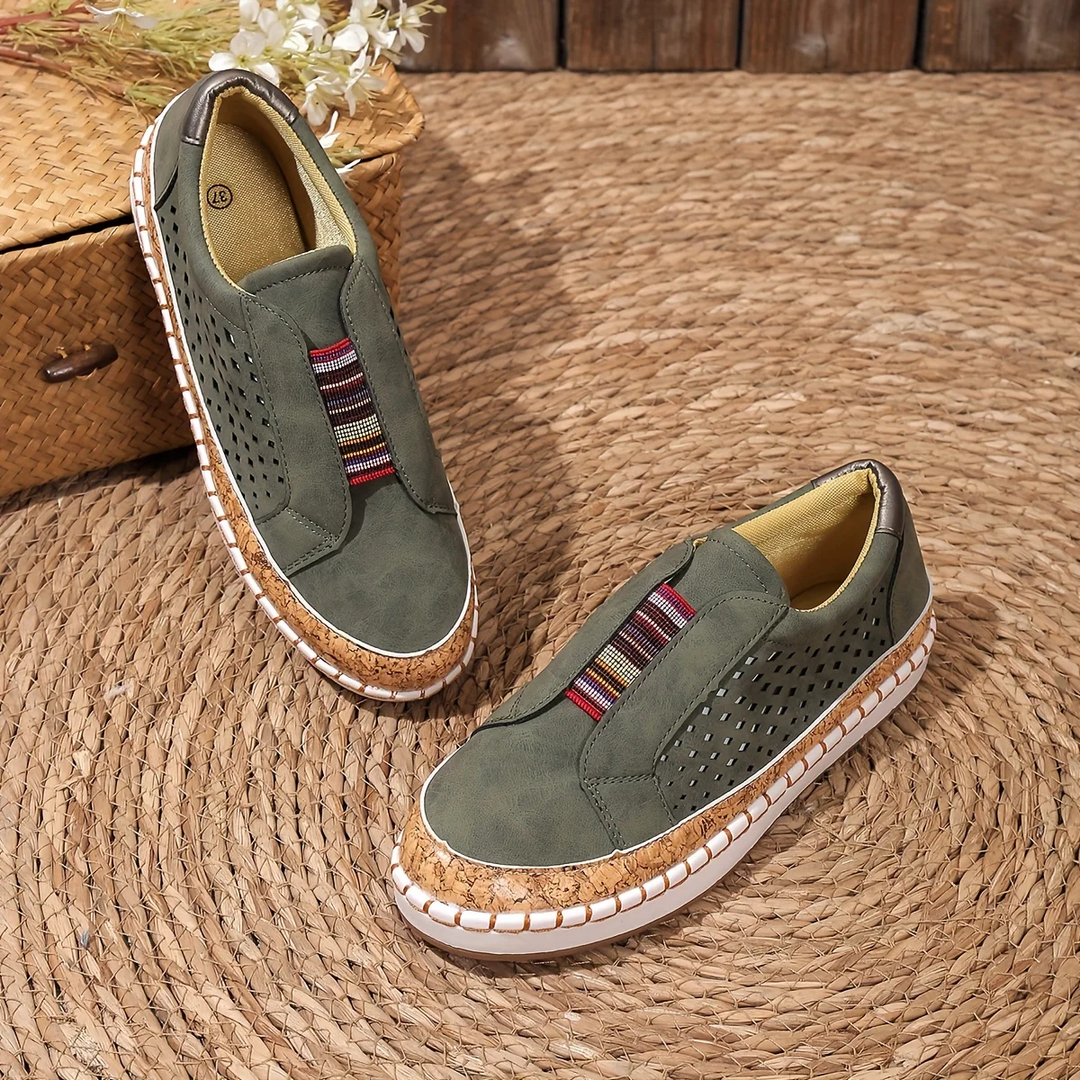 Women's Loafers - Slip-On Flat Perforated Detail Woven Trim | Casual