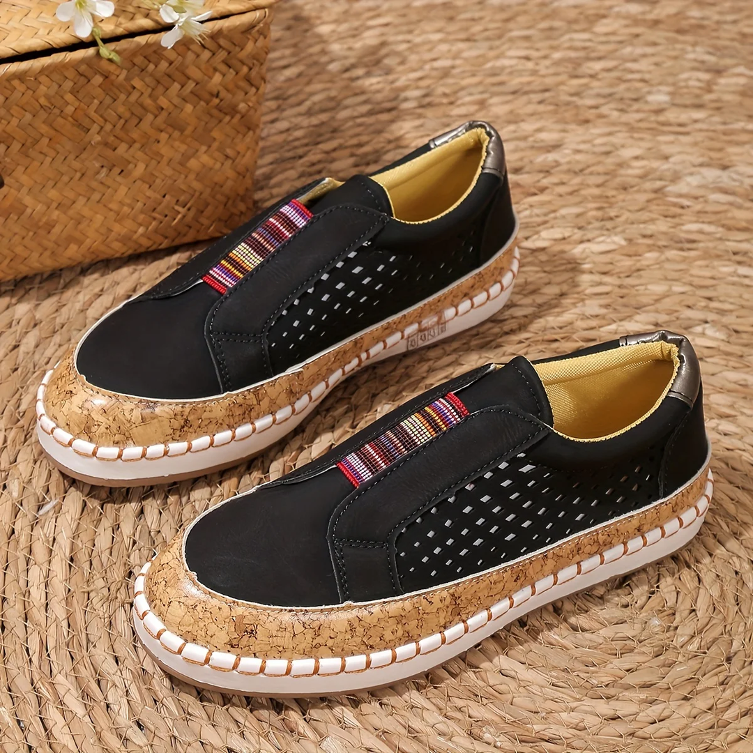 Women's Loafers - Slip-On Flat Perforated Detail Woven Trim | Casual