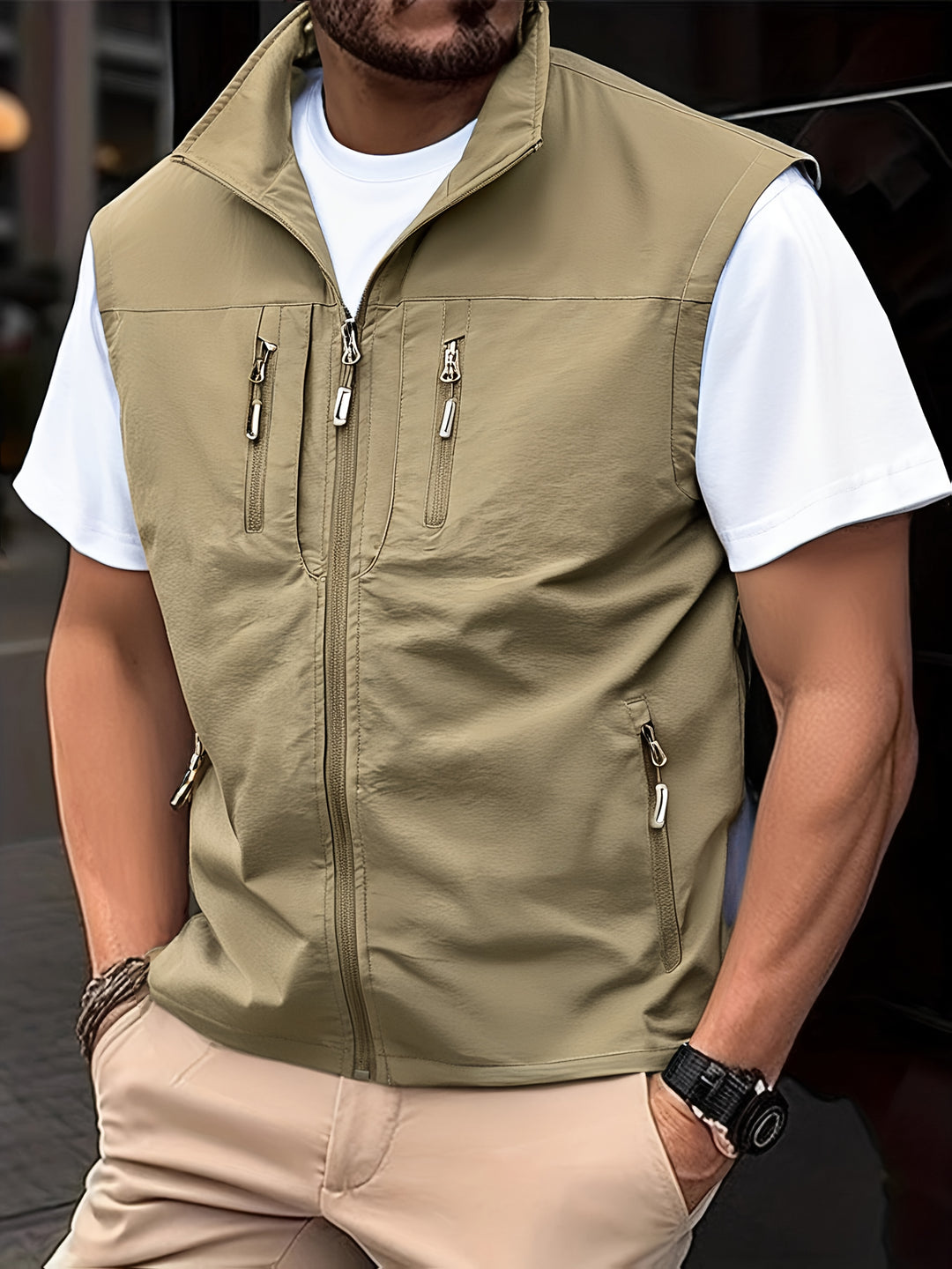 Mens Jackets - Sleeveless Zip Gilet with Multi-Pocket Detail | Casual
