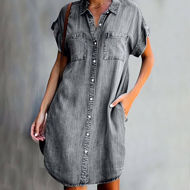 Midi Dress Women - Short Sleeve Shirt Collar Button Front | Casual