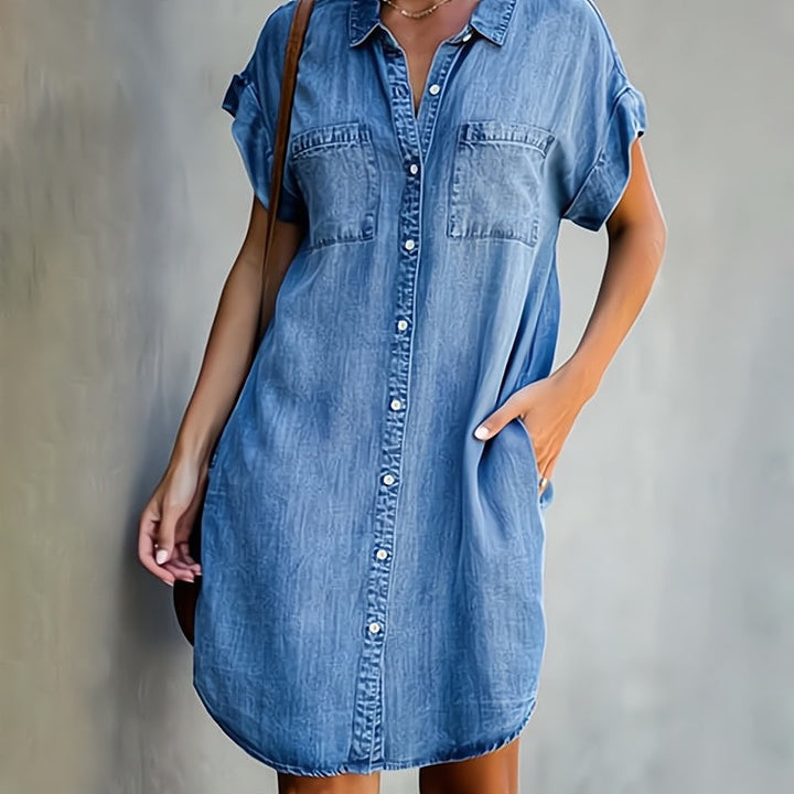 Midi Dress Women - Short Sleeve Shirt Collar Button Front | Casual