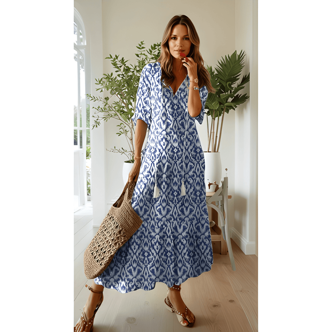 Maxi Dress Women - Ikat Print V-Neck with Flared Hem | Summer