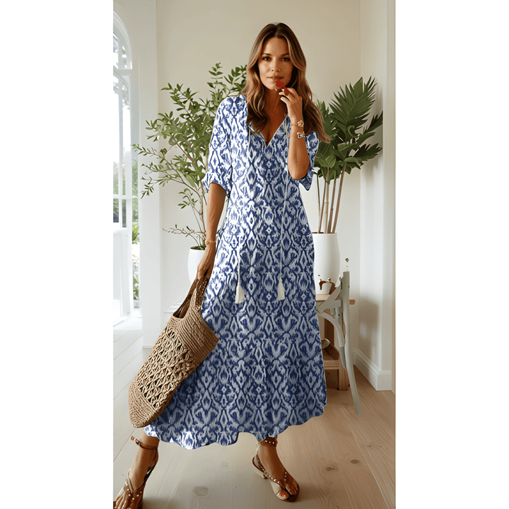 Maxi Dress Women - Ikat Print V-Neck with Flared Hem | Summer