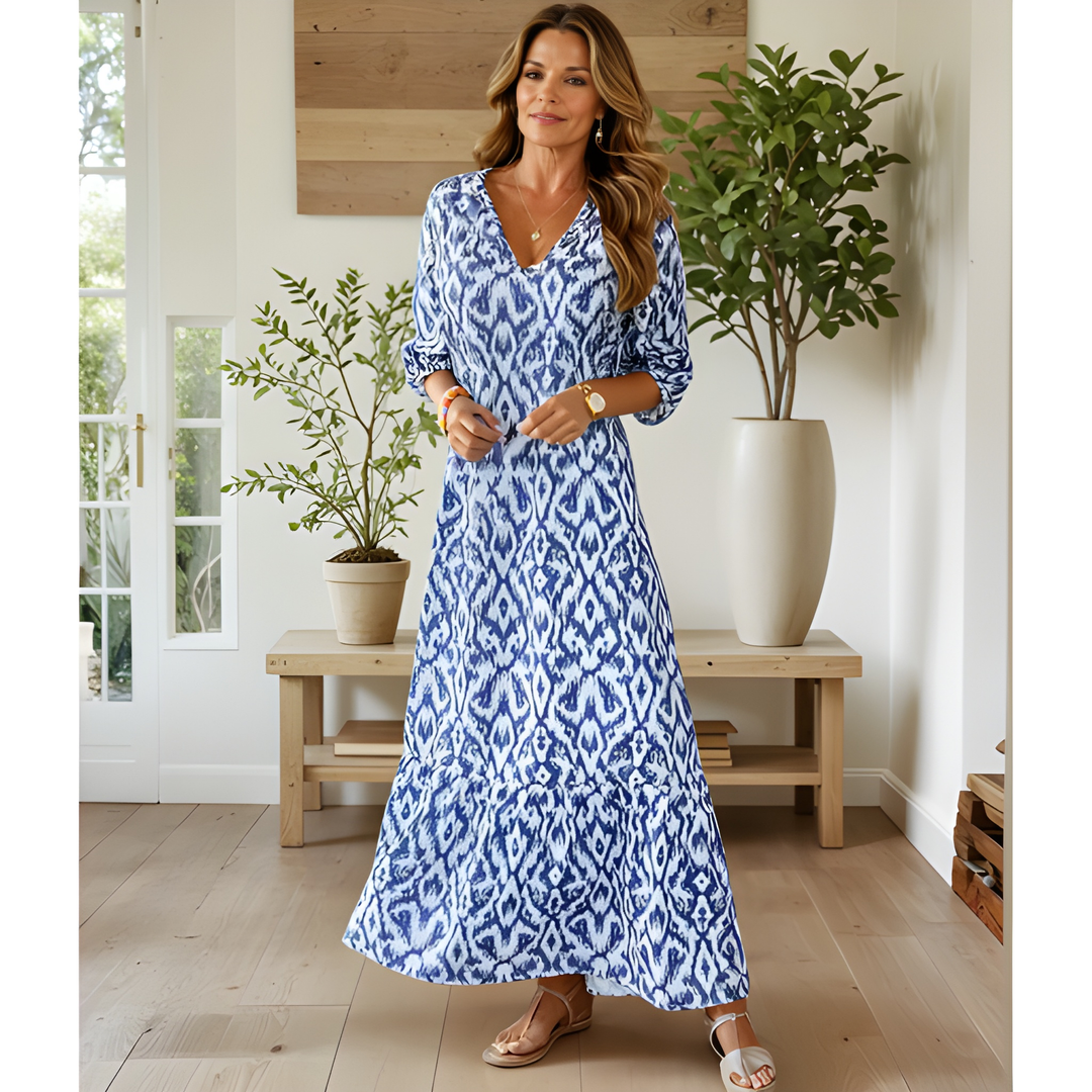 Maxi Dress Women - Ikat Print V-Neck with Flared Hem | Summer